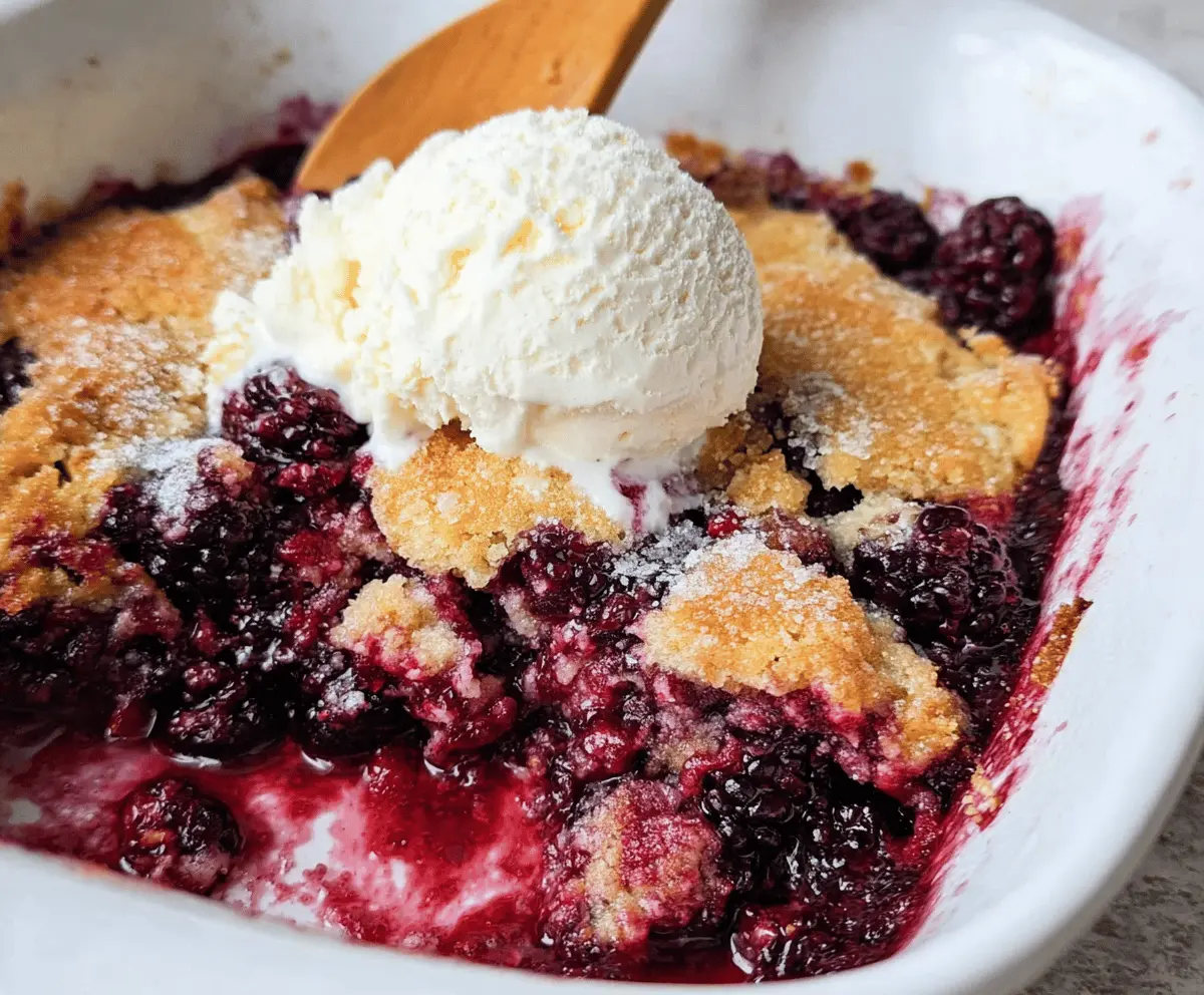 Delicious homemade easy blackberry cobbler with golden crust and fresh blackberries in a baking dish.