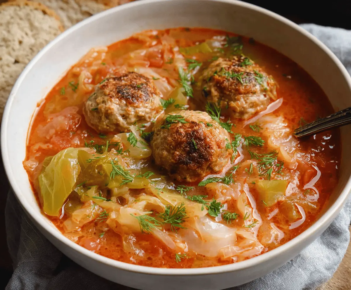 Hearty Easy Cabbage Meatball Soup with fresh vegetables and tender meatballs in a flavorful broth
