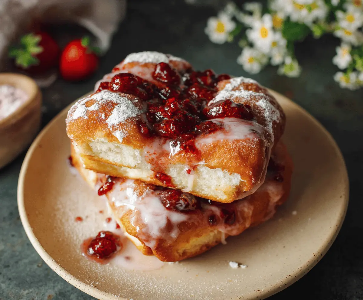 Delicious fluffy jam-filled donut focaccia topped with powdered sugar and fresh fruit, perfect for breakfast or dessert
