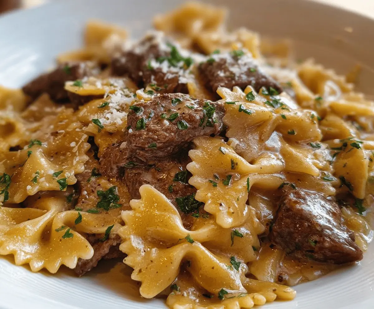 Creamy garlic butter bowtie pasta with tender beef chunks, garnished with fresh herbs for a flavorful, satisfying meal.
