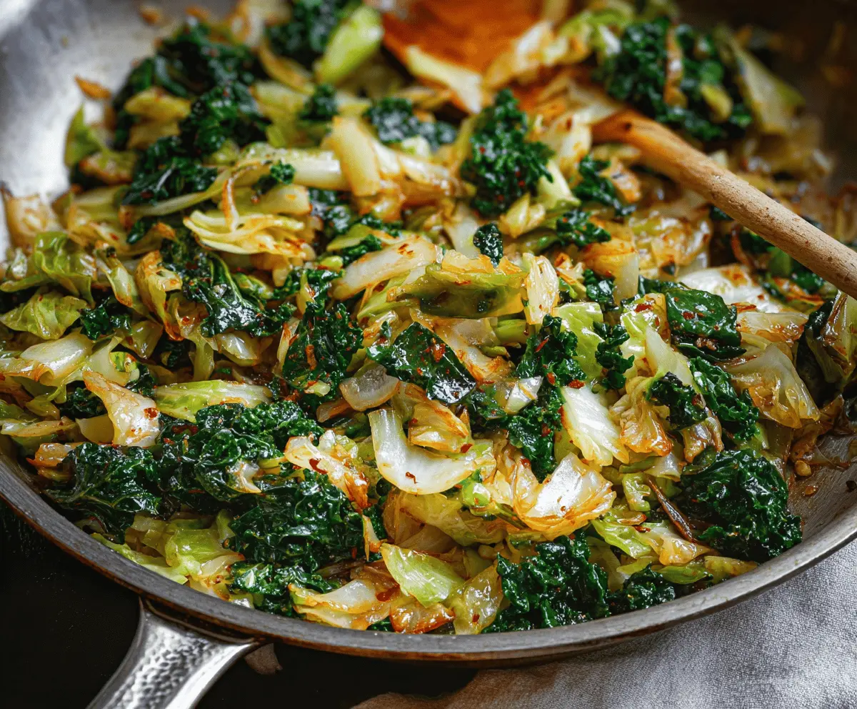 Creamy garlic sautéed cabbage and kale skillet, featuring vibrant greens and flavorful seasonings for a healthy side dish.