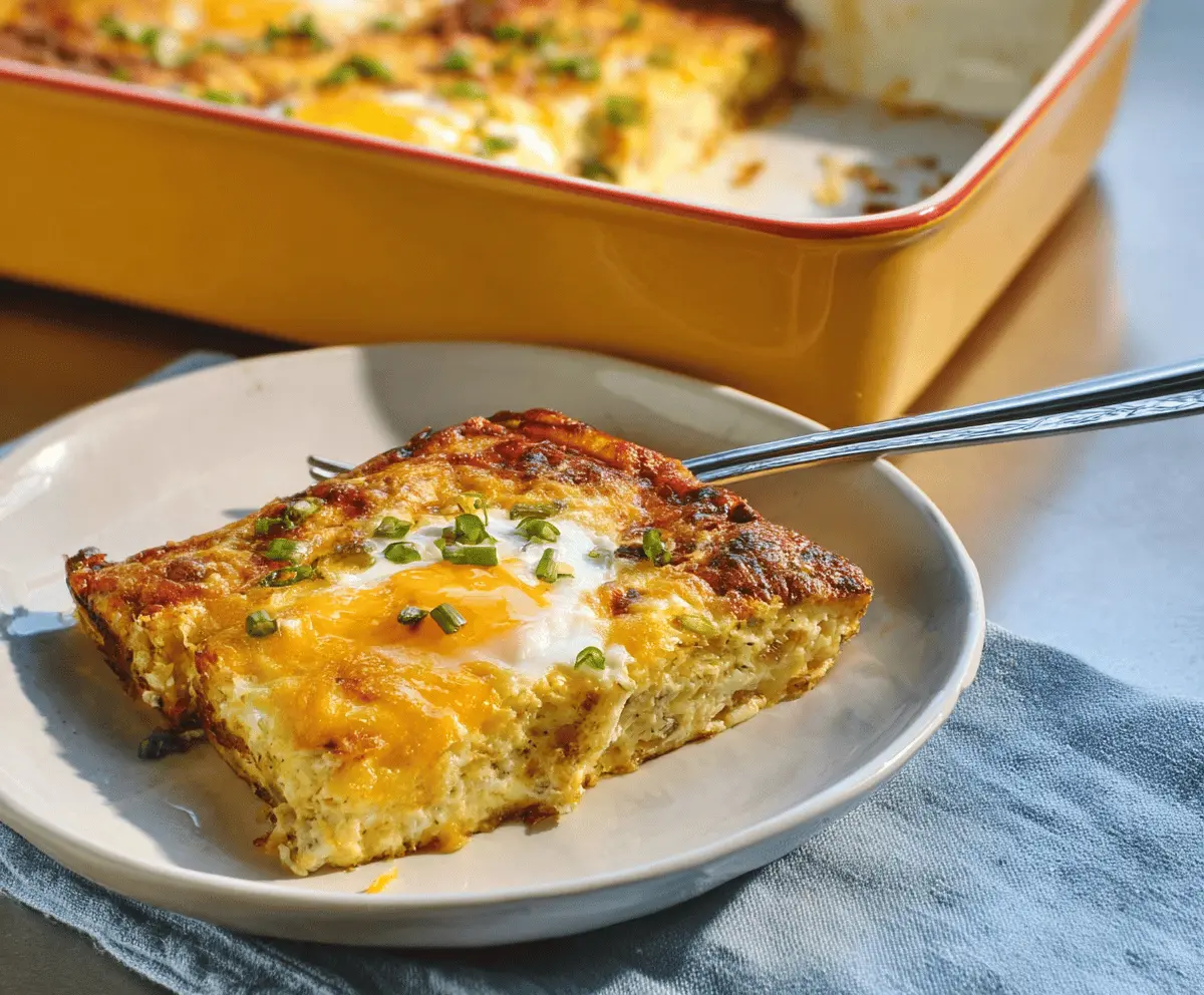 Delicious Green Chile Egg Casserole topped with melted cheese and fresh herbs, perfect for breakfast or brunch.