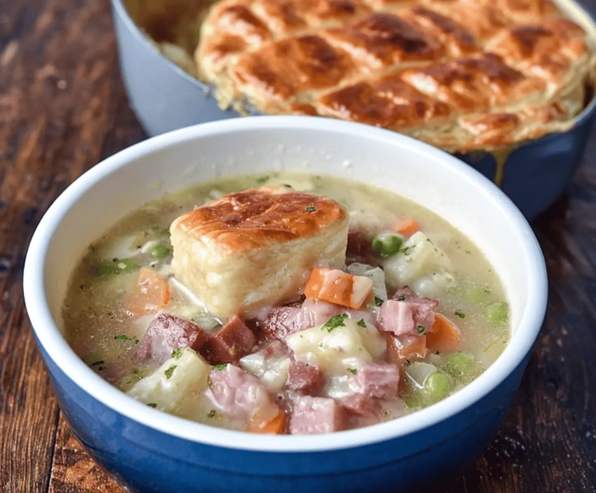 Delicious homemade ham pot pie with golden crust and savory filling.