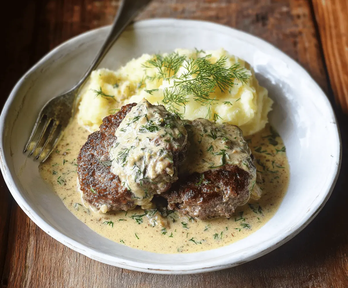 Savory hamburger steaks topped with creamy dill sauce served on a plate with fresh herbs and lemon slices