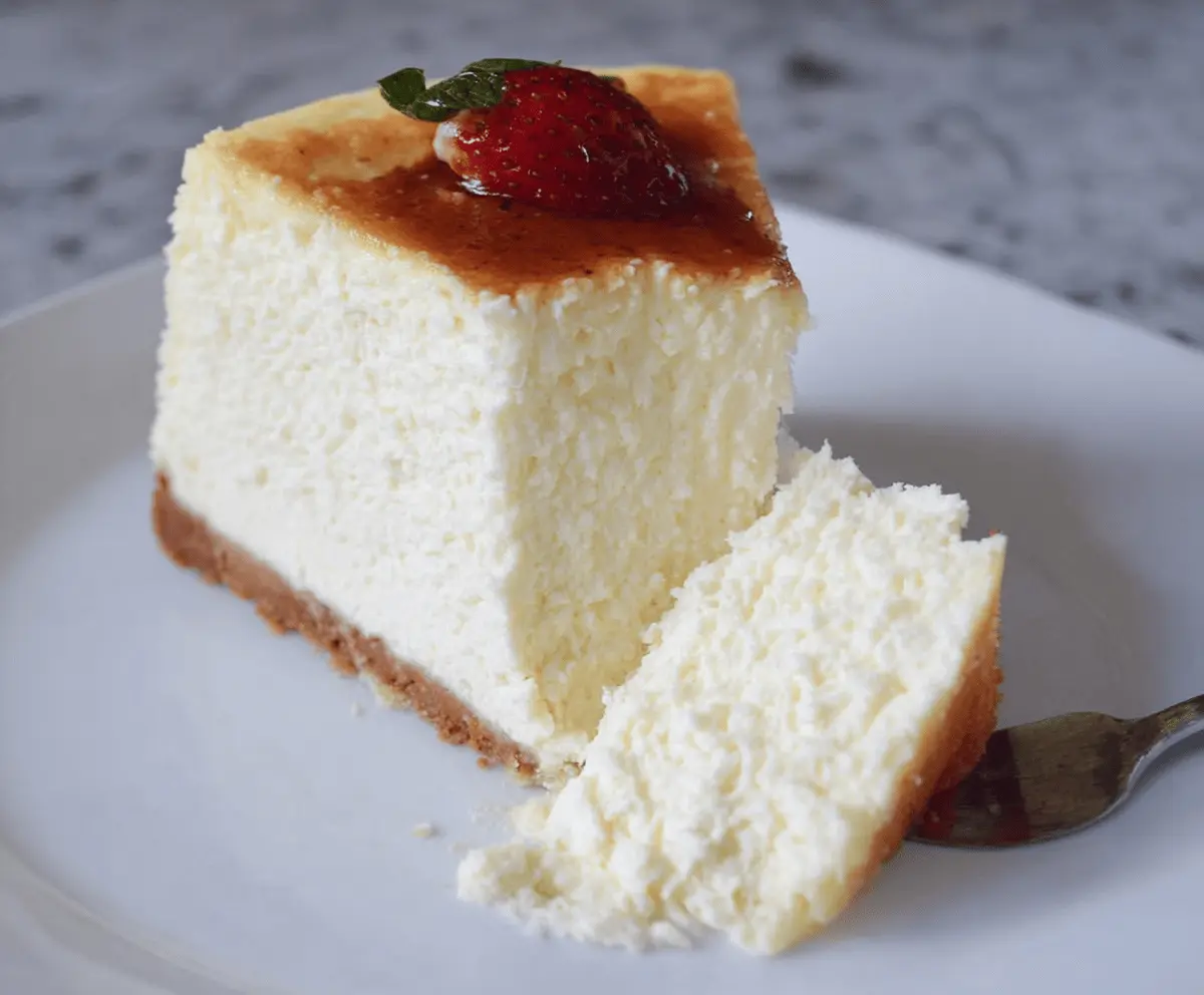 Creamy homemade New York style cheesecake with a smooth texture and golden-brown crust.