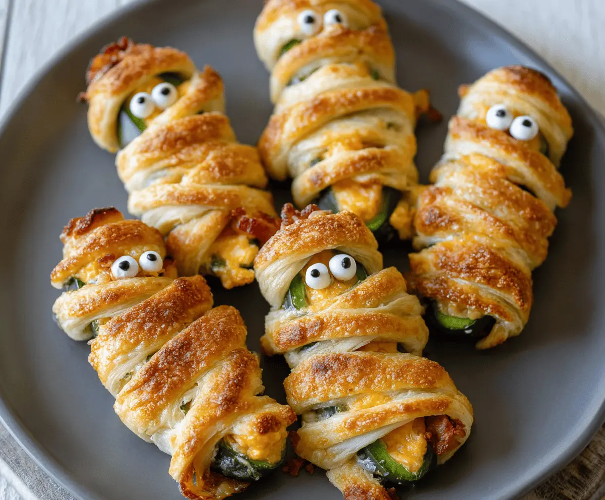 Delicious jalapeno popper mummies wrapped in puff pastry with gooey cheese and spicy jalapenos, perfect for Halloween parties.