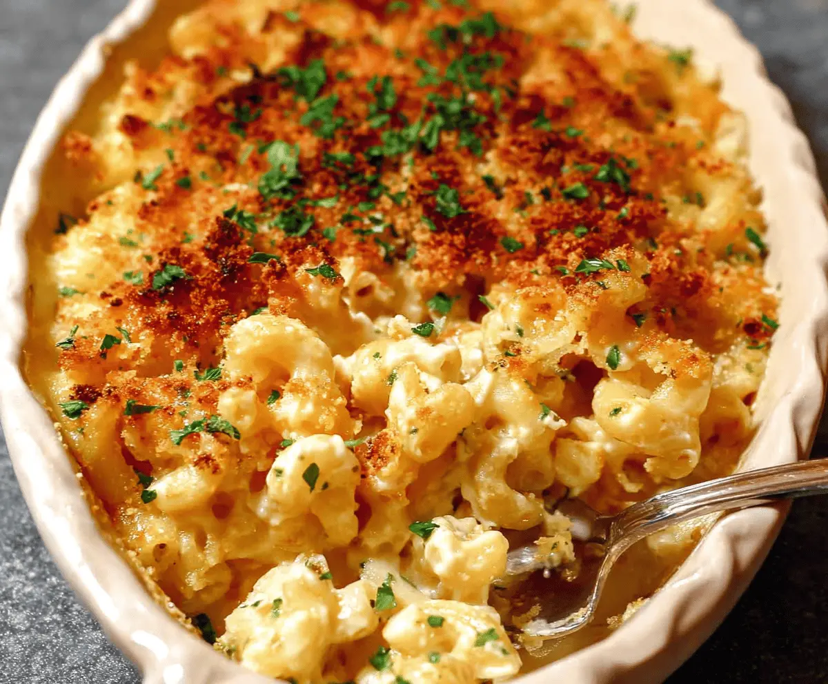 Creamy Million Dollar Mac & Cheese topped with golden-brown breadcrumbs and melted cheese.