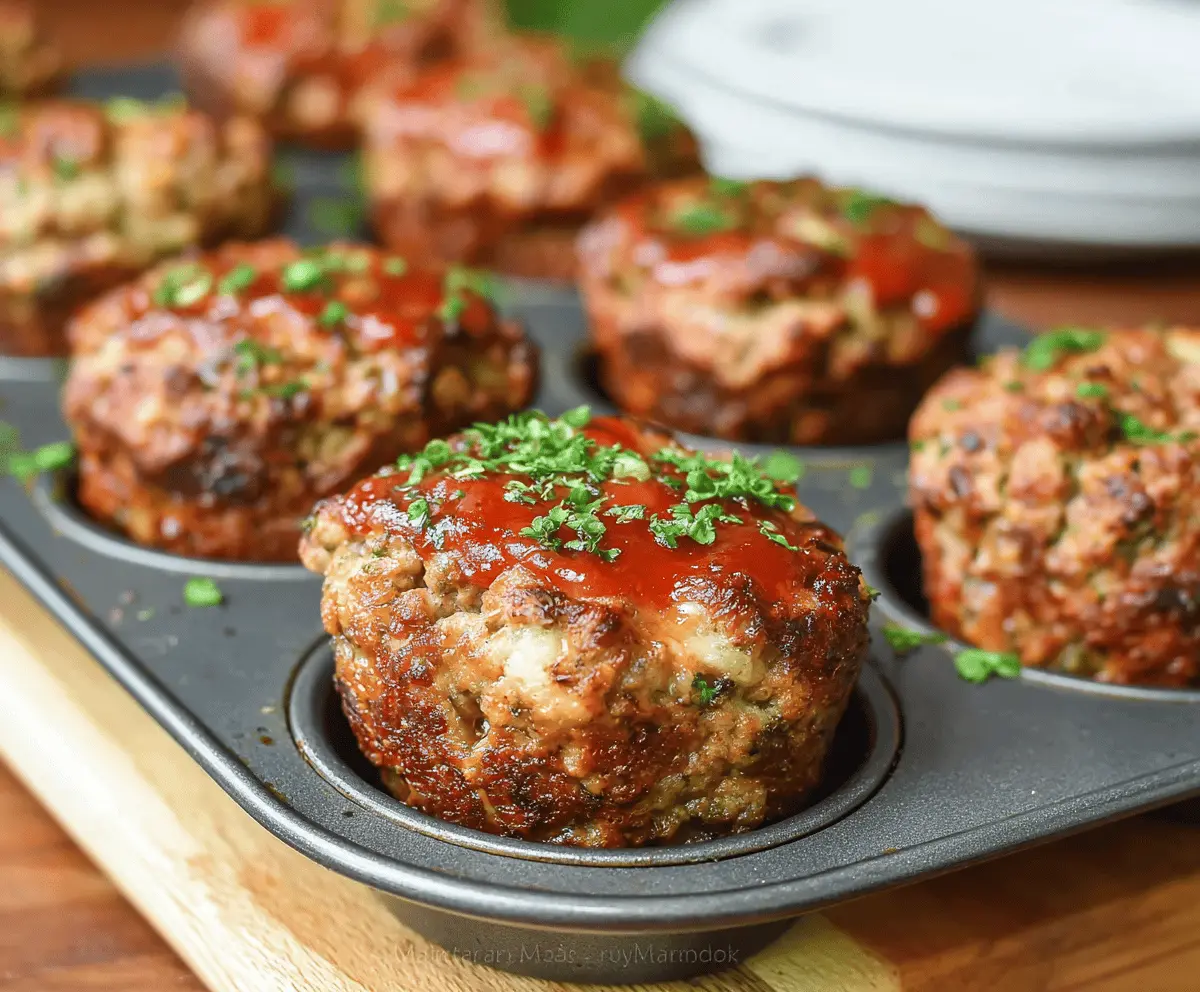 Baked muffin tin meatloaf with a golden crust, served in a muffin cup for easy portioning and a delicious family dinner