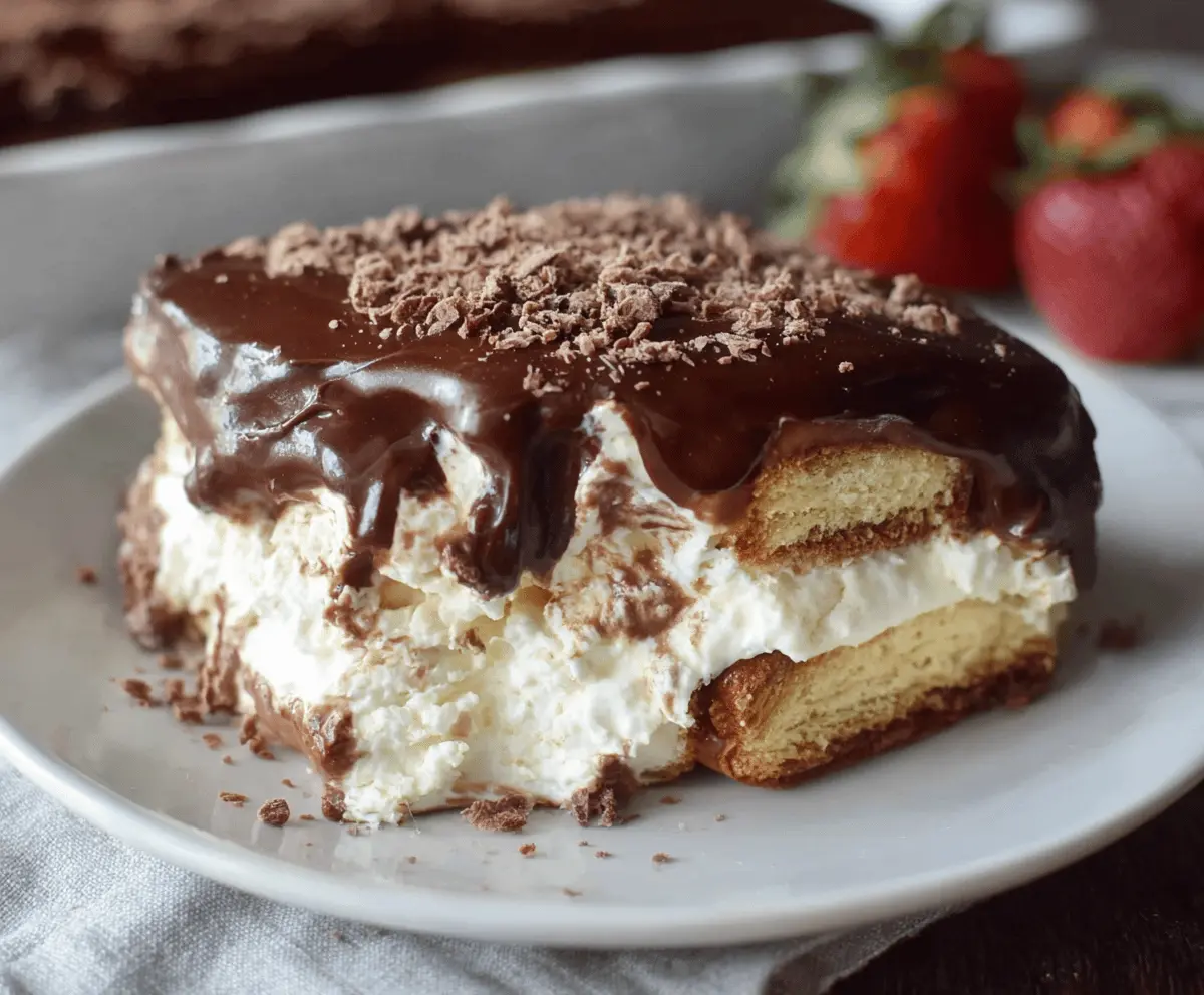Delicious No Bake Chocolate Eclair Cake with creamy filling and chocolate topping.