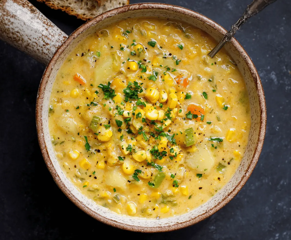 Creamy one-pot corn and potato chowder in a bowl, garnished with fresh herbs and served with crusty bread