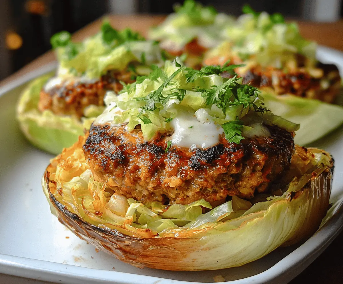 Oven-Baked Cabbage Burgers served on a plate, featuring crispy golden-brown cabbage patties garnished with fresh herbs, perfect for a healthy vegetarian meal.