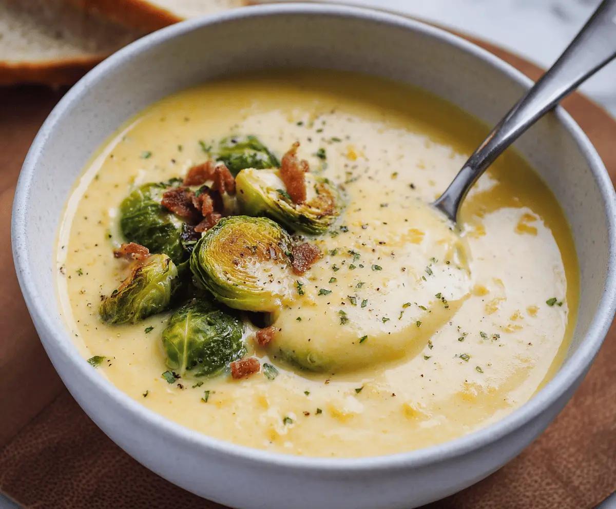 Creamy roasted Brussels sprouts and cheddar cheese soup served in a bowl, garnished with fresh herbs, perfect for a cozy meal.