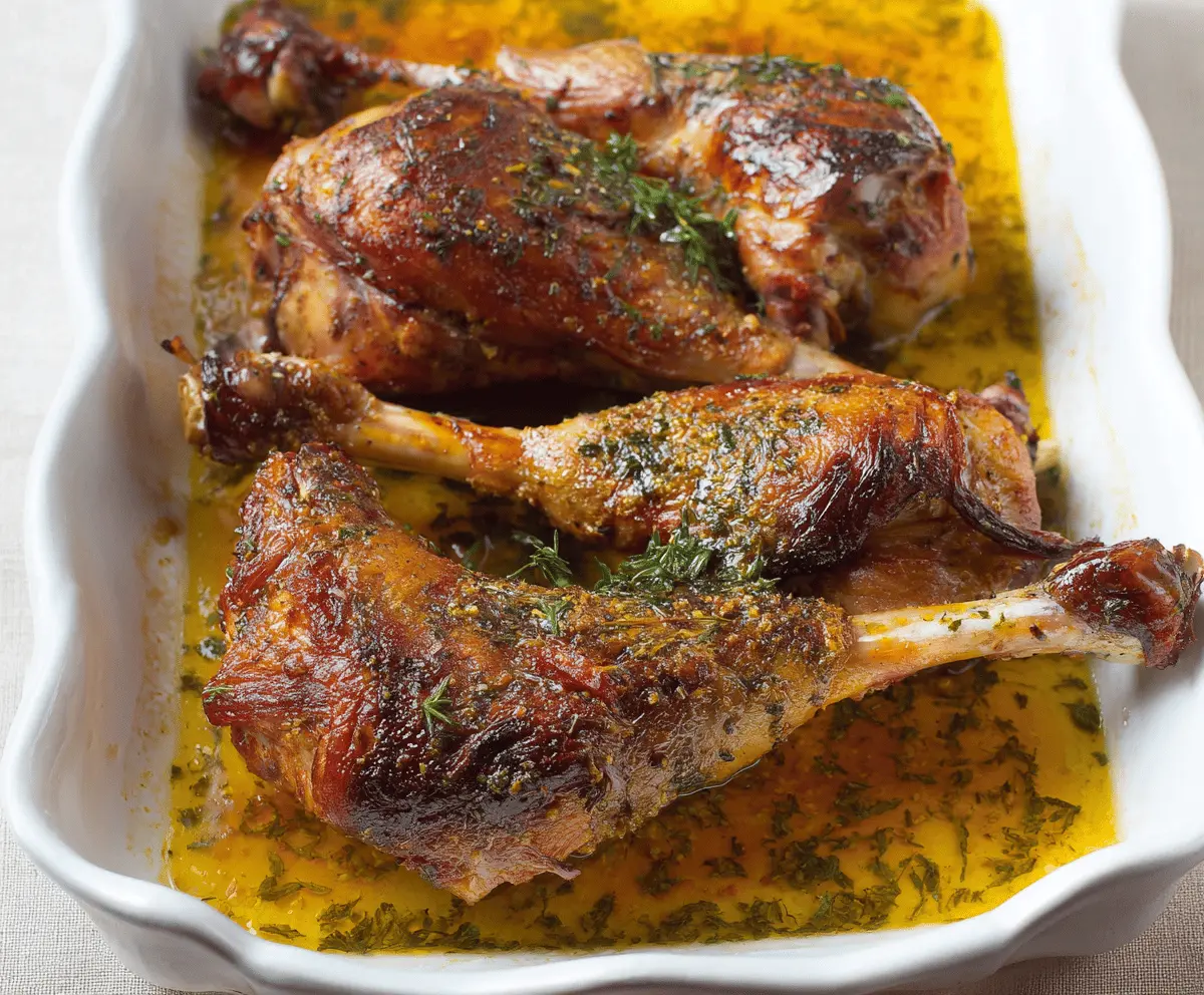 Juicy roasted turkey legs with crispy skin served on a platter, perfect for a hearty meal.
