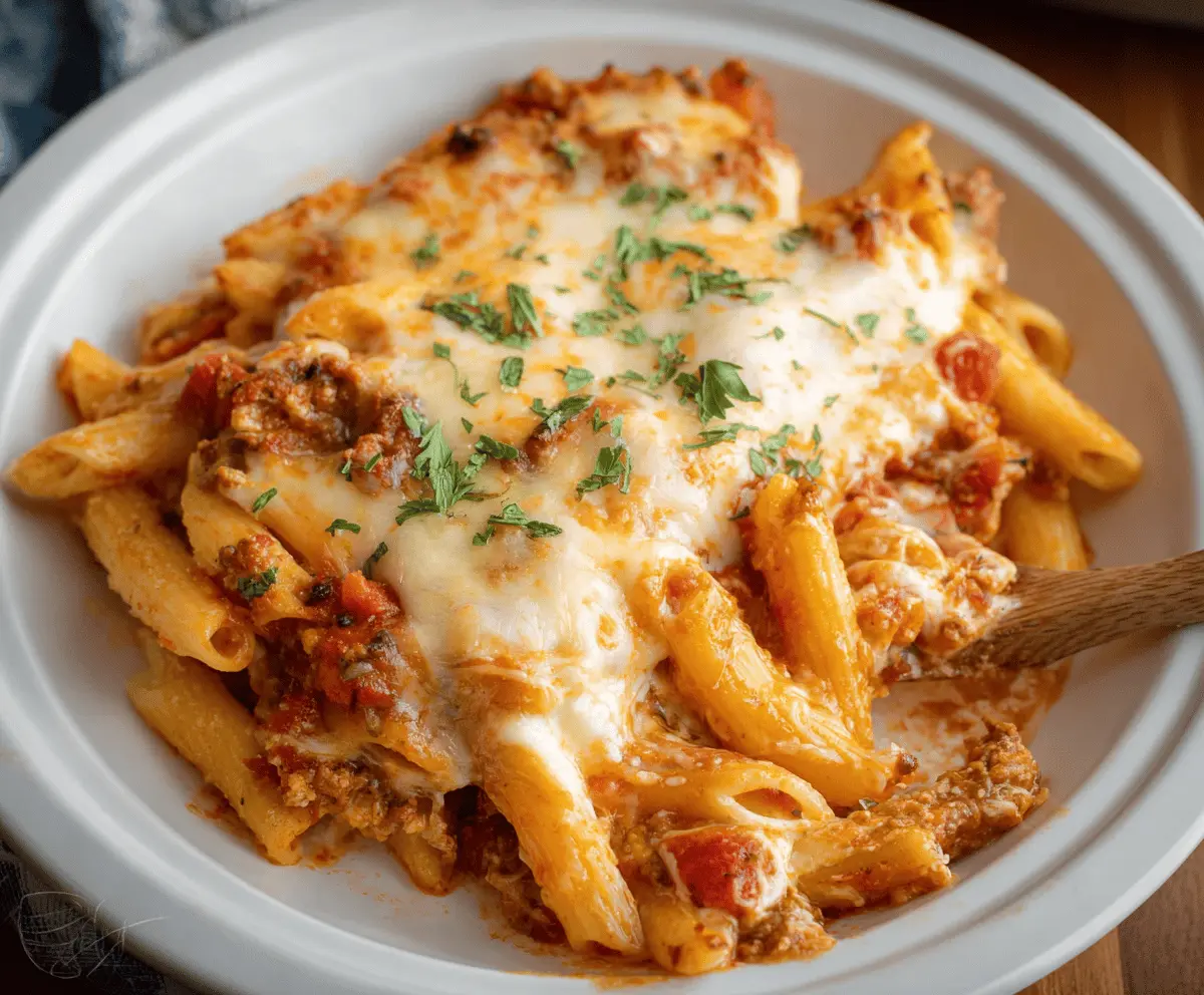 Delicious slow cooker baked ziti with melted cheese and savory tomato sauce in a cozy kitchen setting.