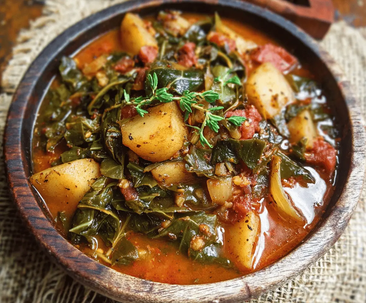 Hearty Southern Collard Green and Potato Stew in a bowl with fresh herbs and vegetables