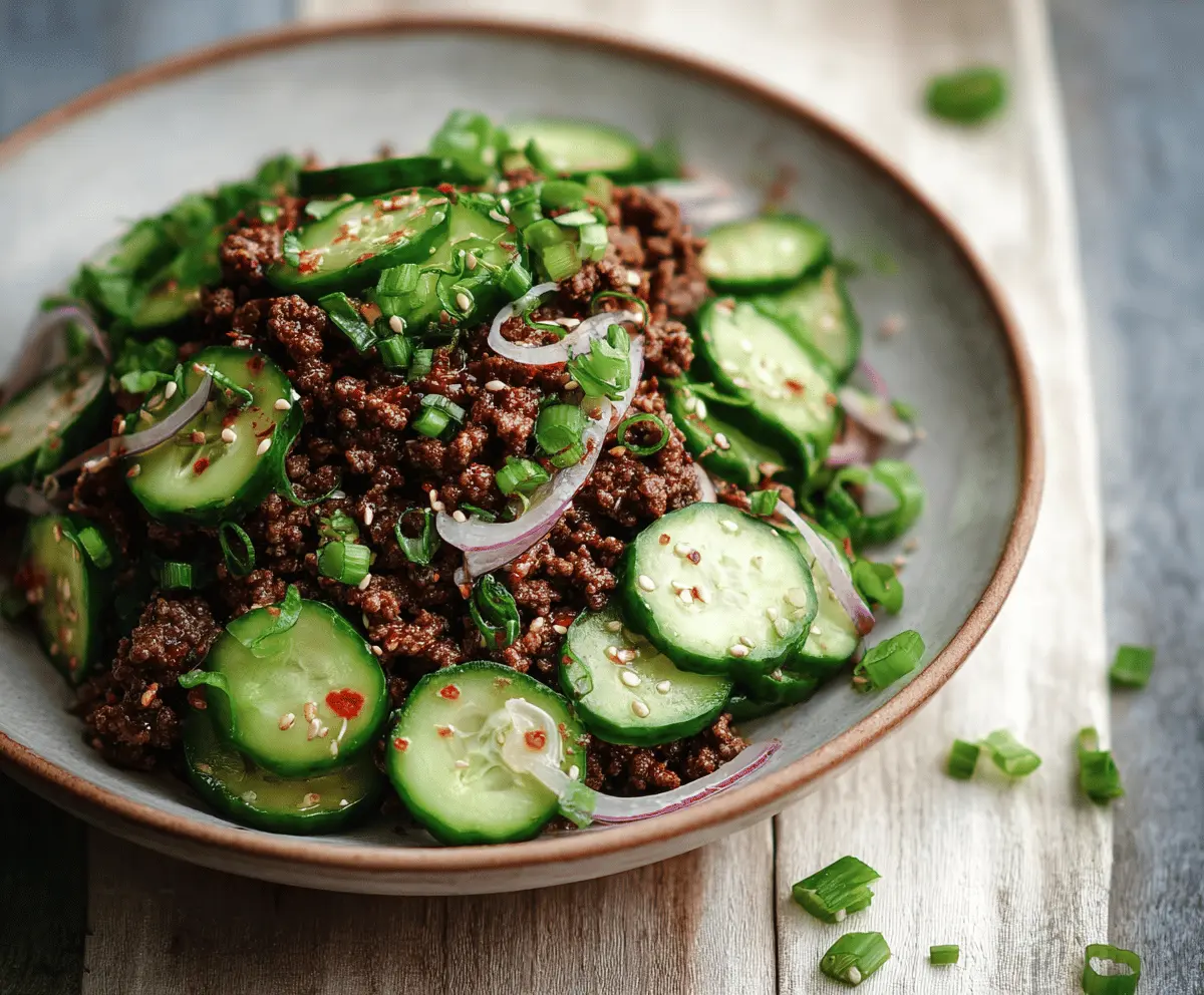 Spicy keto Korean ground beef served with fresh cucumber salad, low-carb Asian-inspired meal