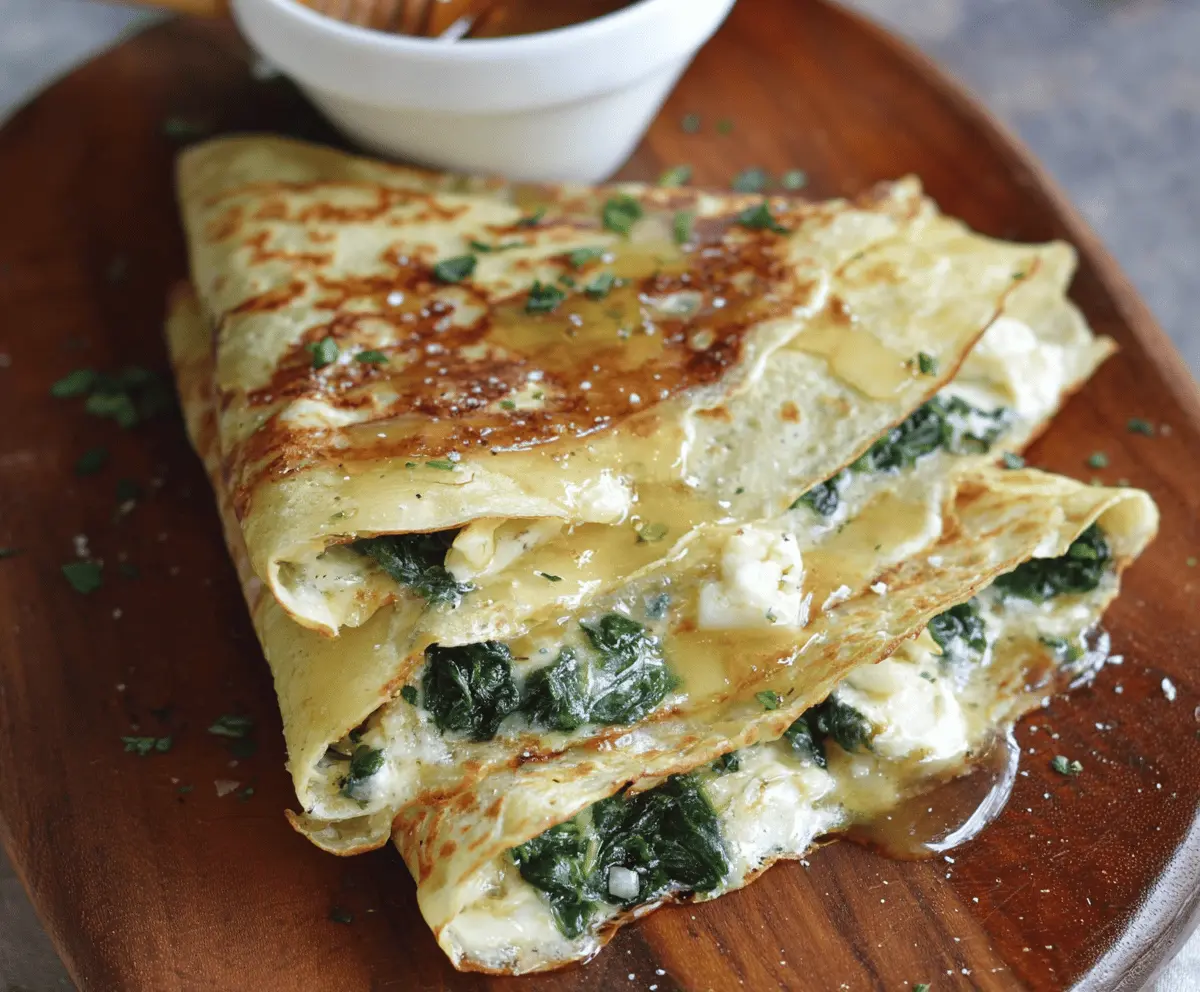 Delicious spinach artichoke and Brie crepes drizzled with sweet honey sauce, served on a white plate.
