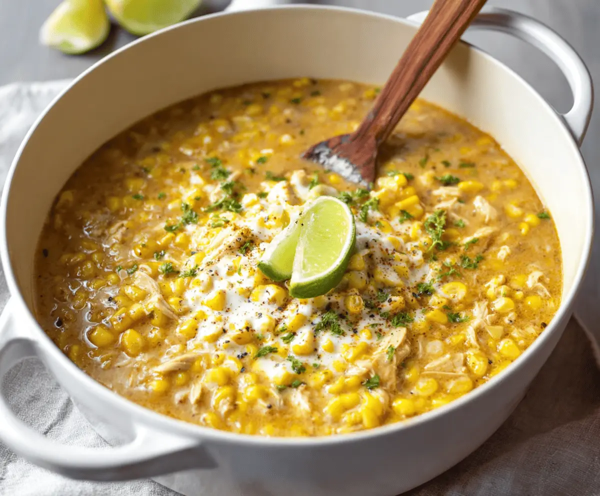 Delicious street corn chicken chili in a bowl with fresh cilantro and lime, featuring vibrant colors and creamy texture