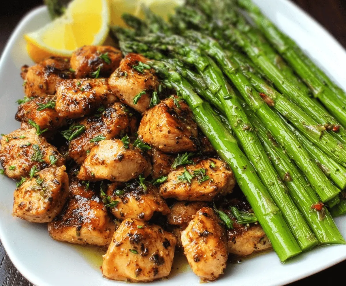 Delicious tender garlic butter chicken bites served with fresh asparagus, perfect for a flavorful and healthy meal.
