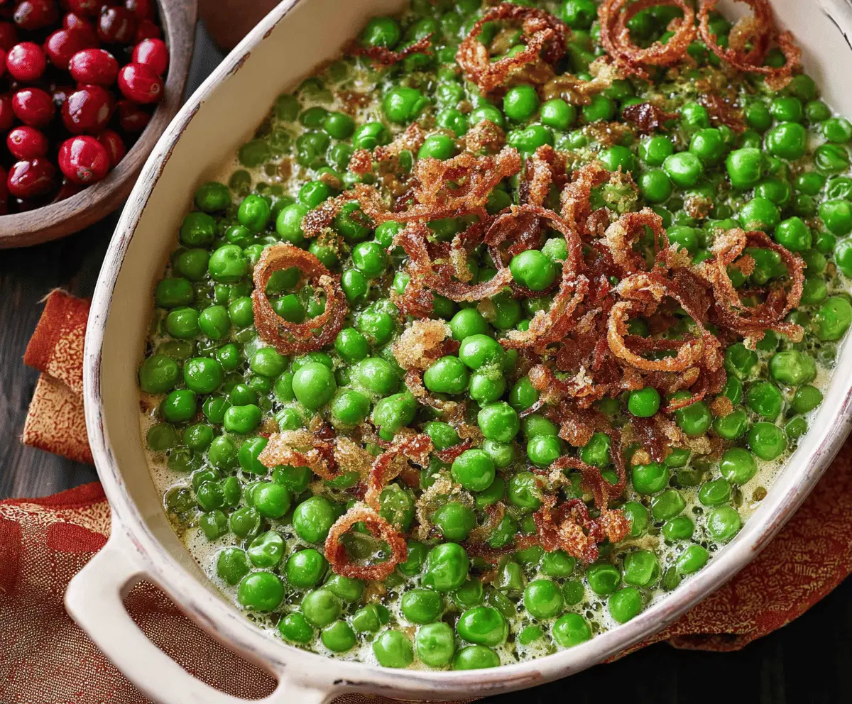Delicious Thanksgiving peas side dish garnished with herbs and served on a white plate, perfect for holiday dinner.
