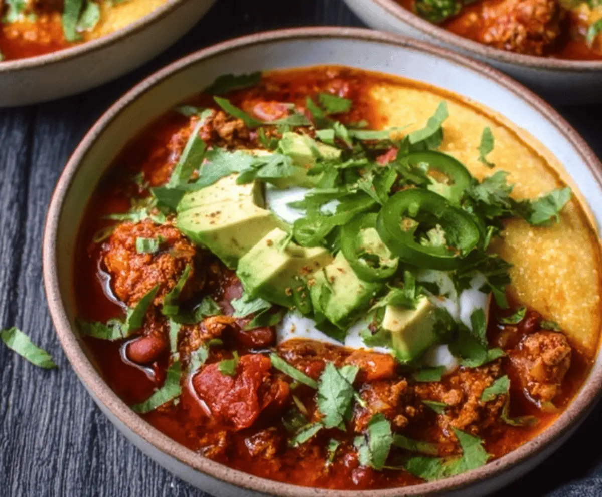 Three Bean Turkey Chili with Honey Jalapeño Grits