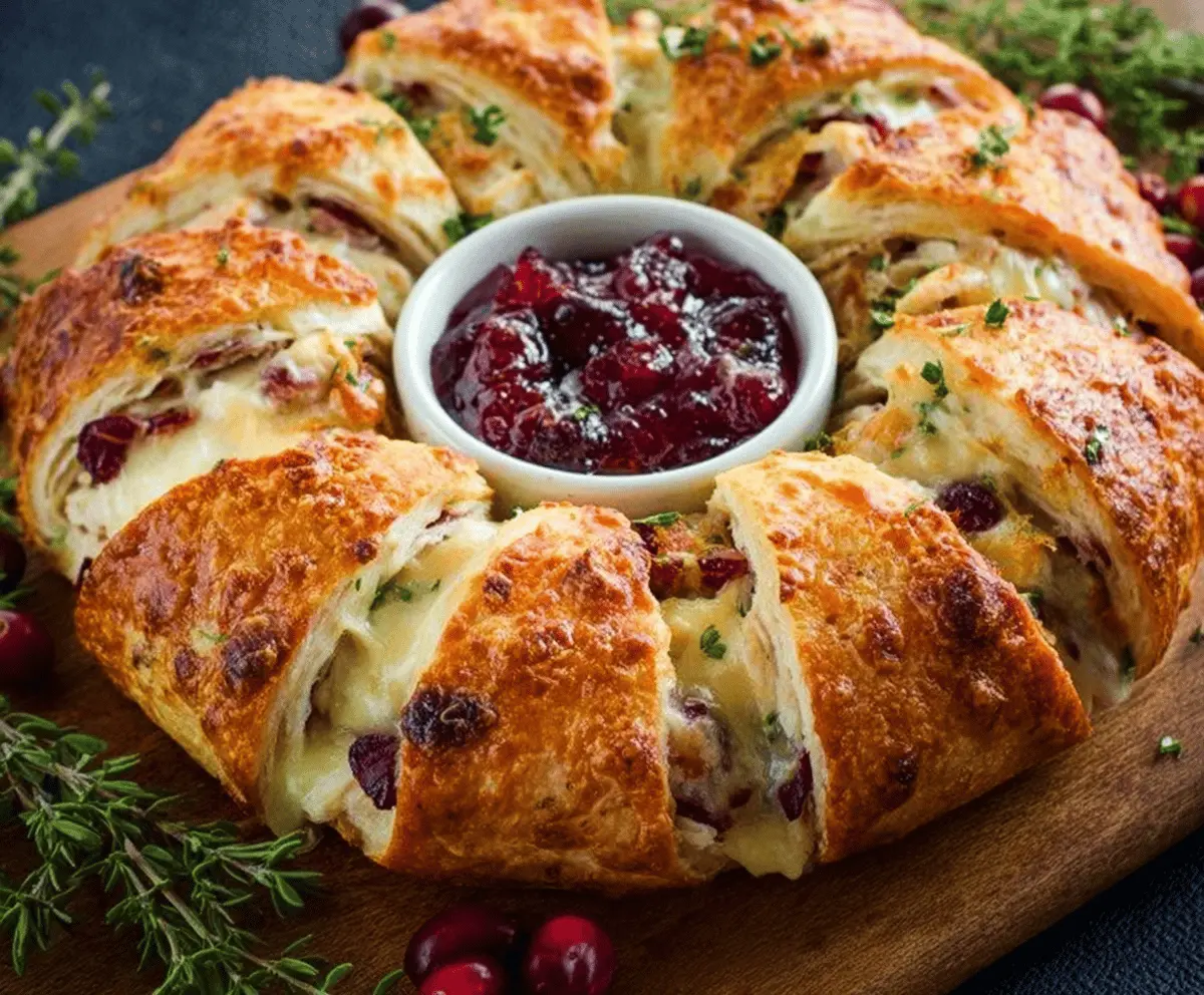 Delicious turkey cranberry crescent ring appetizer with golden-brown crescent dough filled with turkey, cranberry sauce, and cheese, served fresh and ready to enjoy.
