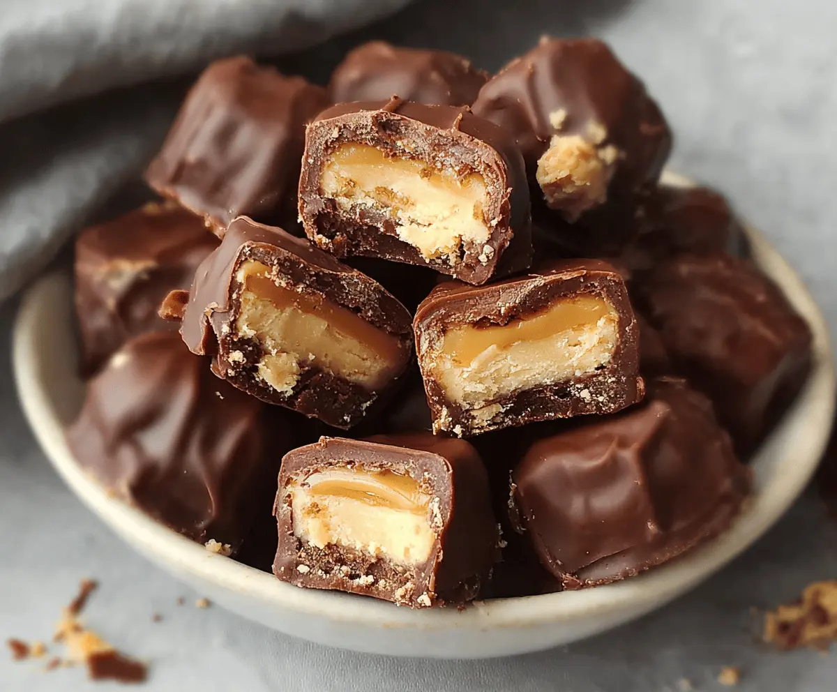 Delicious Twix Candy Bar Bites on a plate, showcasing a sweet treat with crunchy cookie, caramel, and chocolate coating perfect for snacking