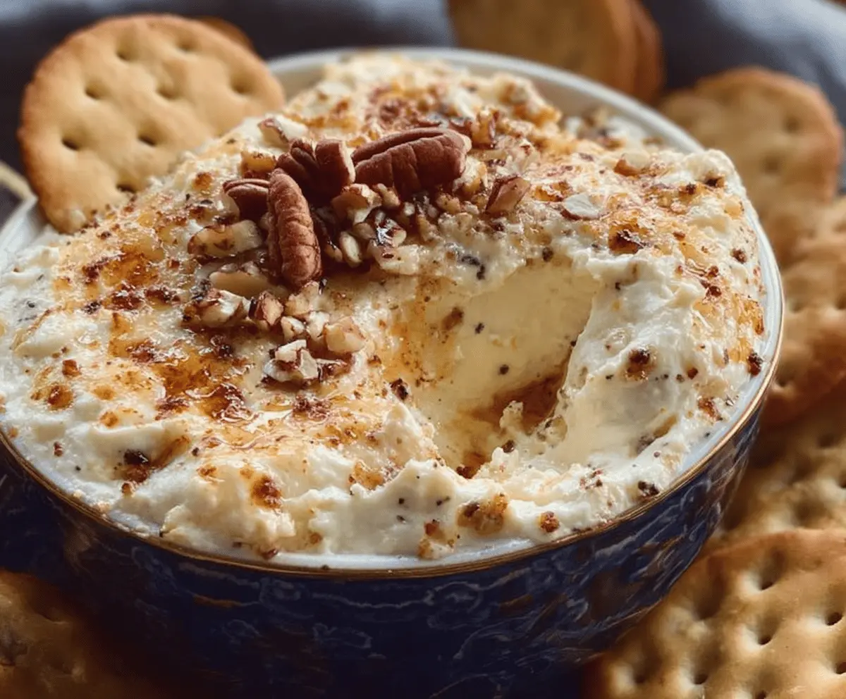 Creamy whipped Parmesan and honey pecan cheese dip garnished with pecans and herbs, perfect for appetizers or parties.