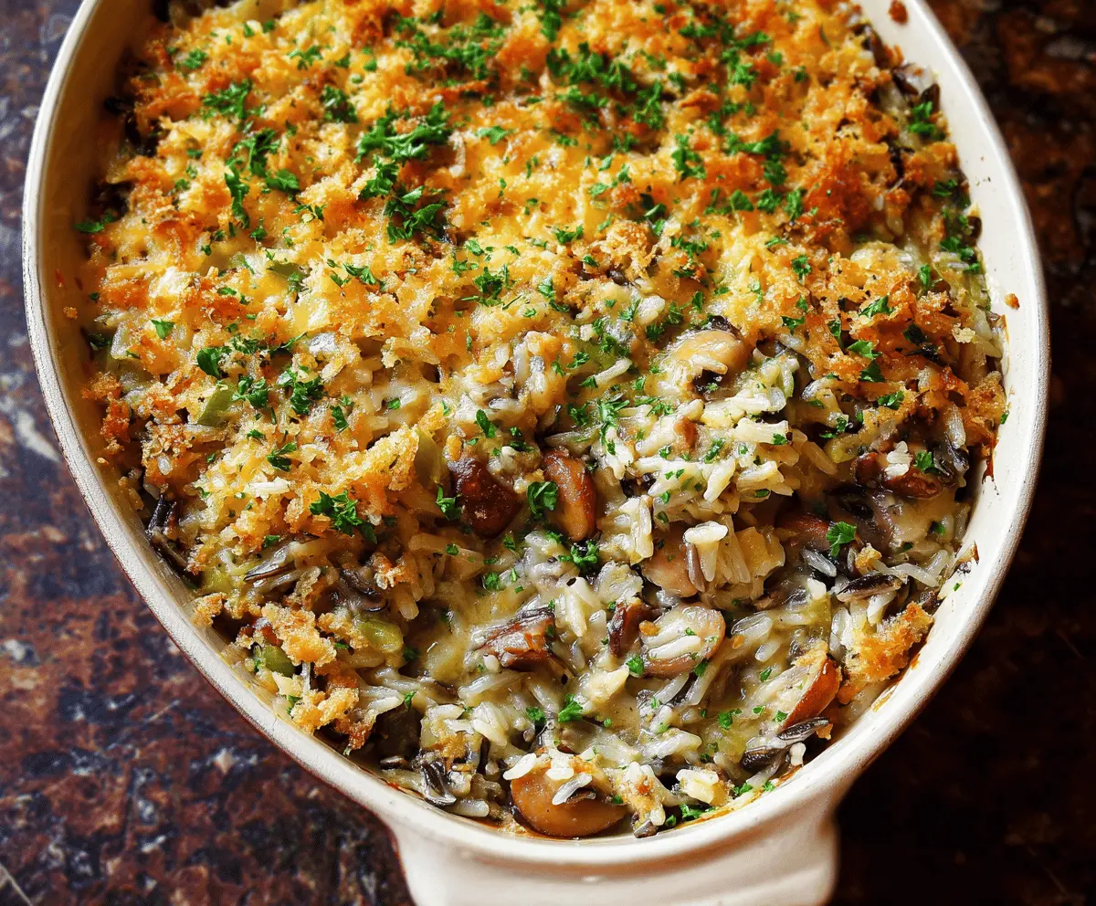 Delicious wild rice casserole topped with melted cheese and herbs, served in a rustic baking dish.