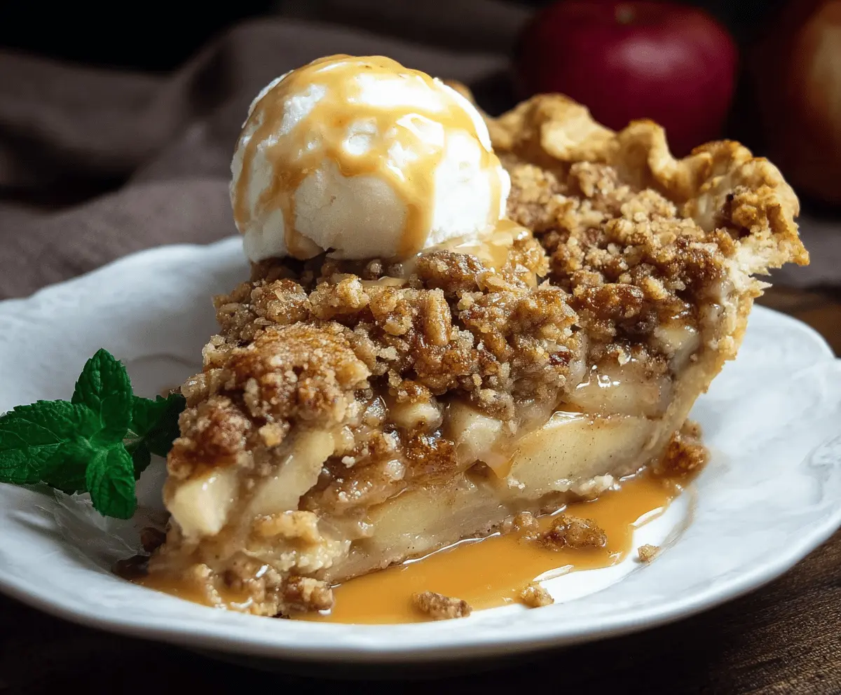 Delicious homemade apple streusel pie with a golden crispy topping and fresh apple slices.