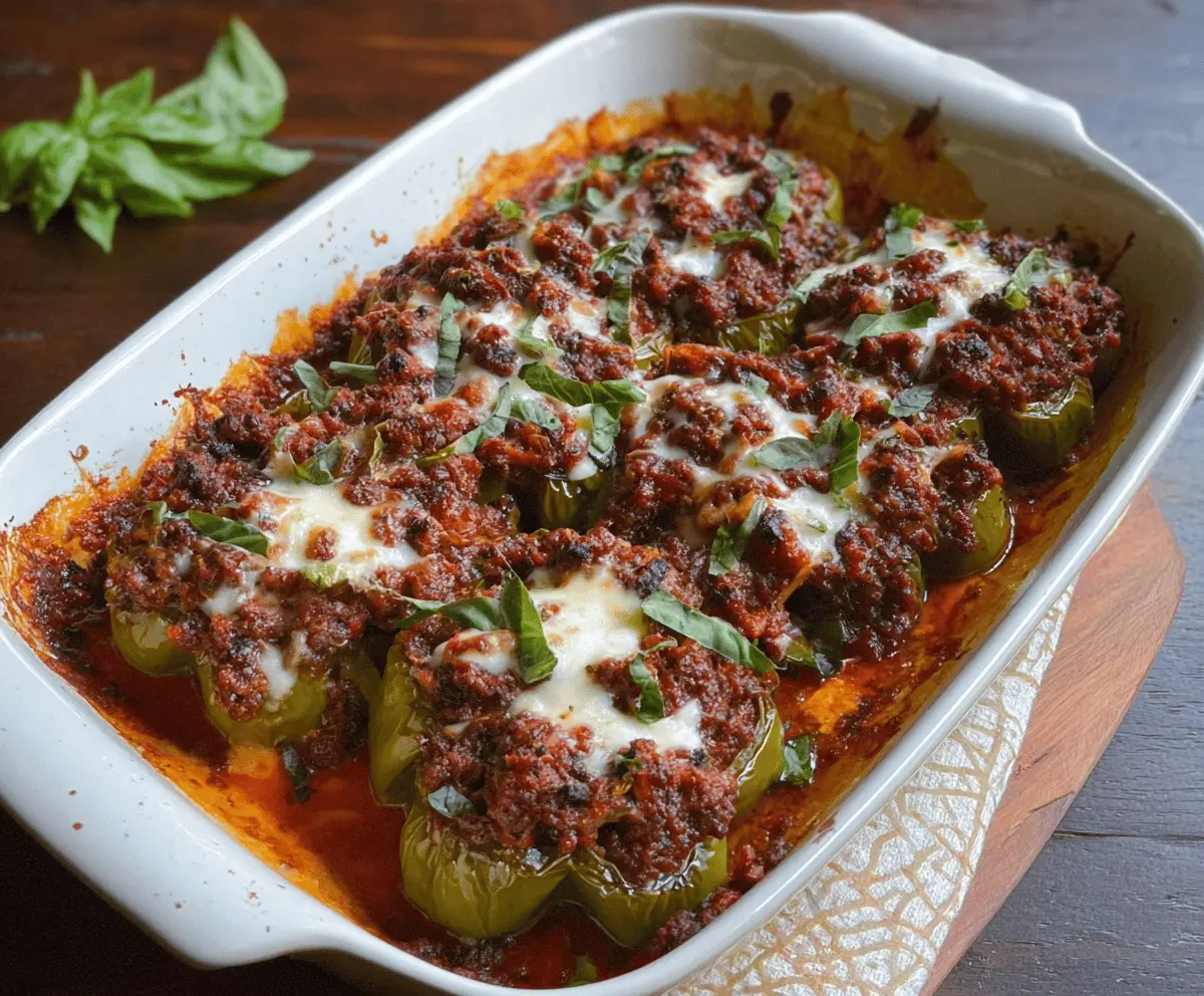 Delicious Arrabbiata Stuffed Pepper Casserole with spicy tomato sauce and melted cheese.