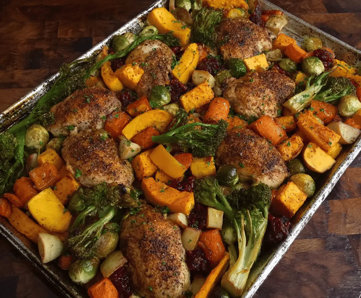 Colorful autumn rainbow sheet pan dinner with roasted vegetables and seasonal ingredients.