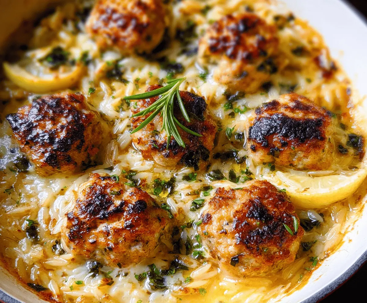 Baked Lemon Rosemary Chicken Meatballs served with Creamy Orzo on a plate.