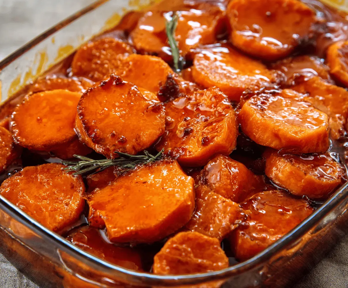 Delicious candied sweet potatoes glazed with caramel sauce, ready to serve as a festive dessert or side dish.