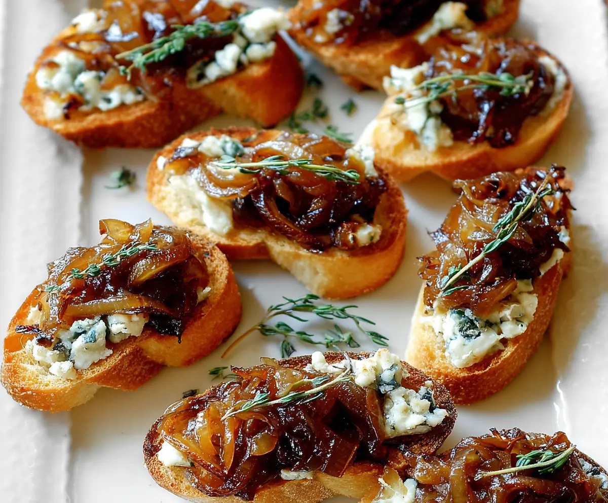 Delicious caramelized onion crostini topped with melted cheese and fresh herbs on a rustic wooden plate.