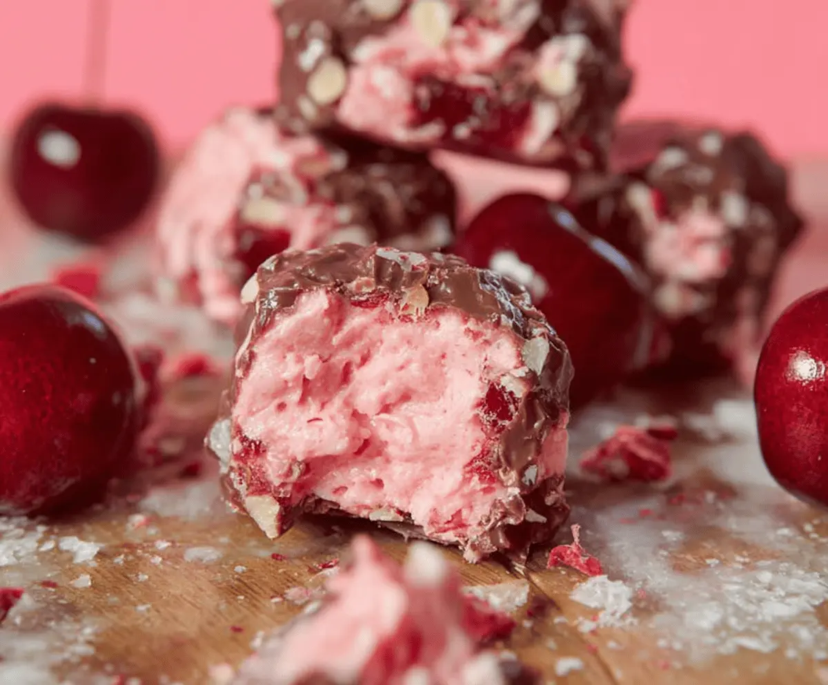 Delicious Cherry Mash Candy topped with rich chocolate and creamy cherry filling.