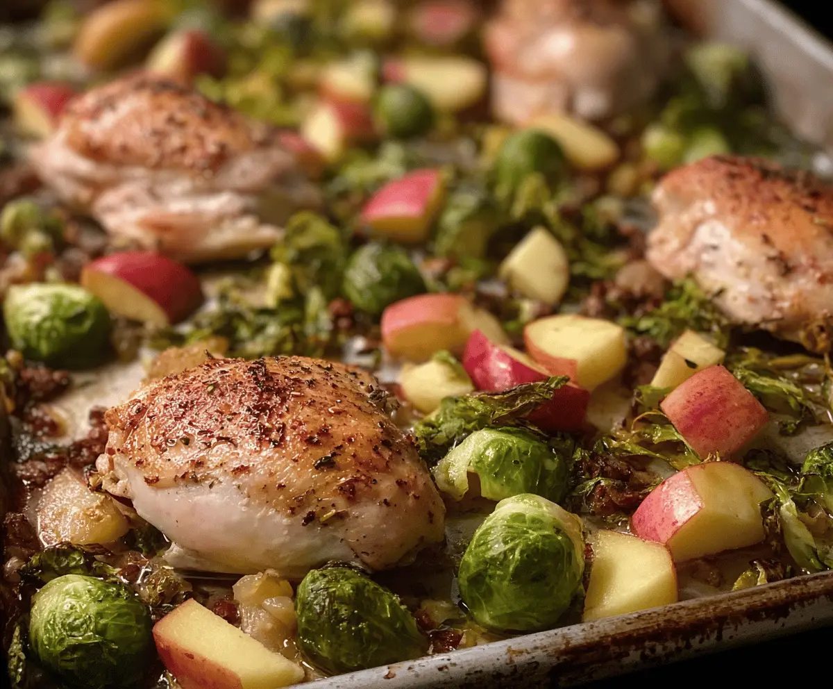 Delicious chicken, apple, and Brussels sprout sheet pan dinner served on a wooden table.