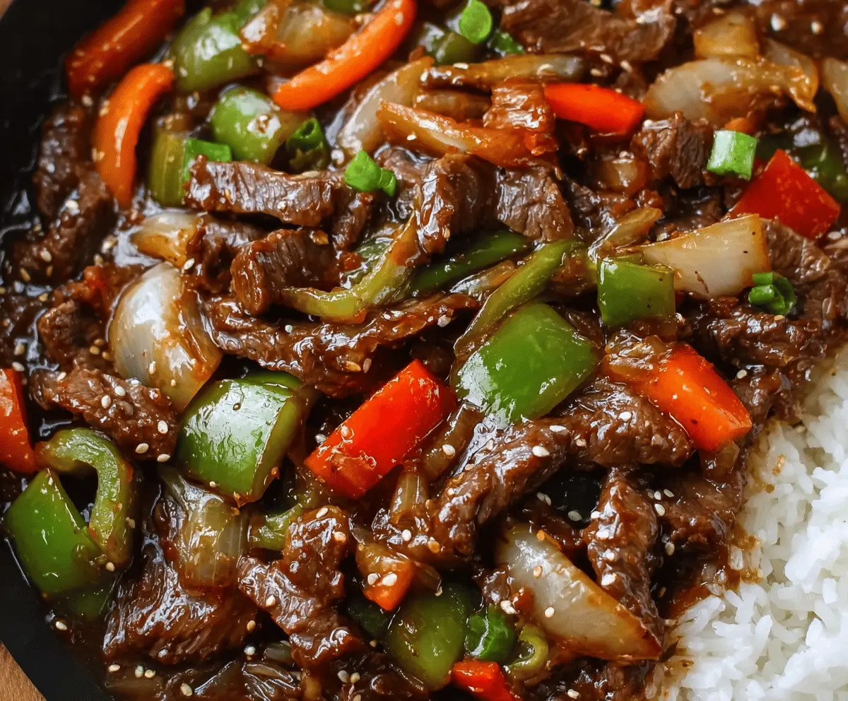 Delicious Chinese Pepper Steak served on a plate with vibrant vegetables and flavorful sauce.