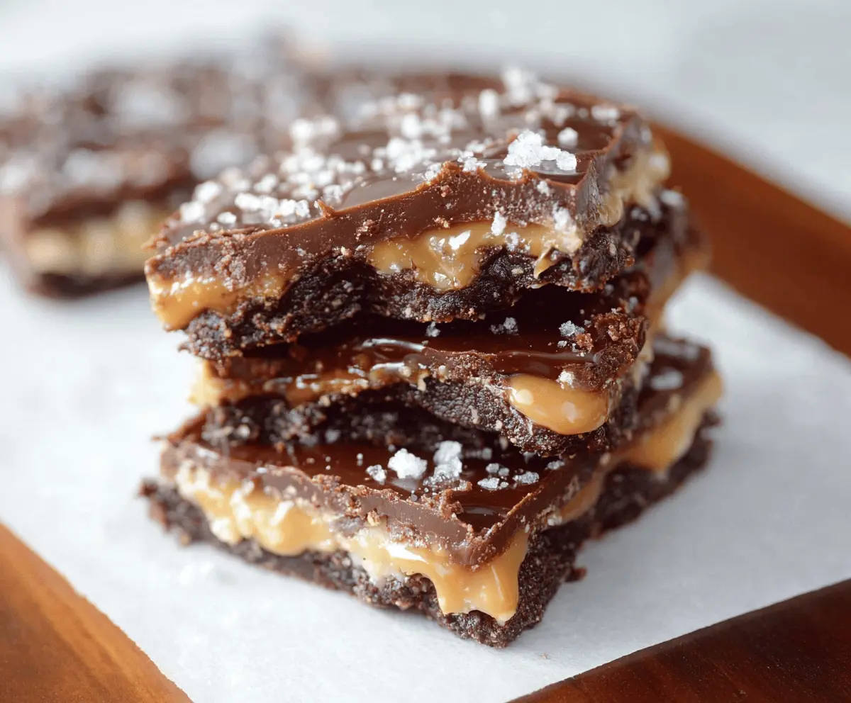Delicious chocolate caramel bars with a smooth caramel layer and rich chocolate topping on a decorative plate.
