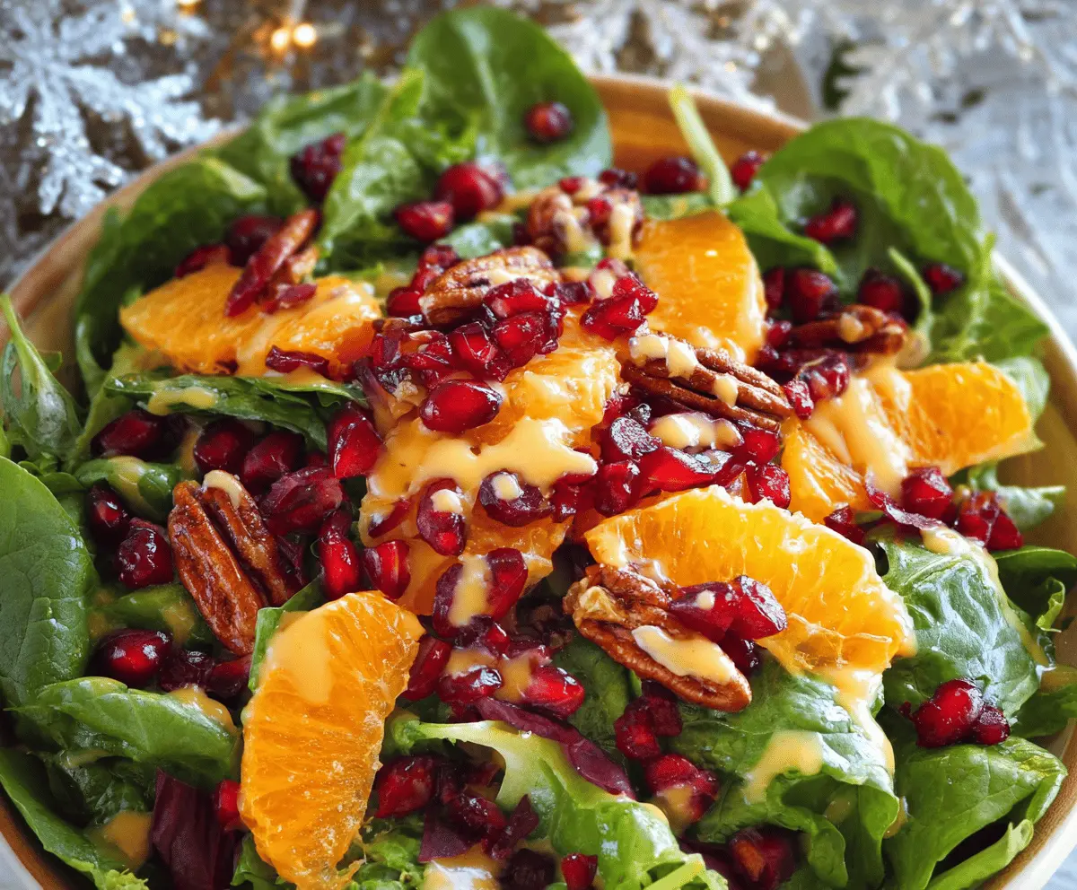 Vibrant Christmas Salad with fresh vegetables and festive presentation topped with a honey mustard dressing.