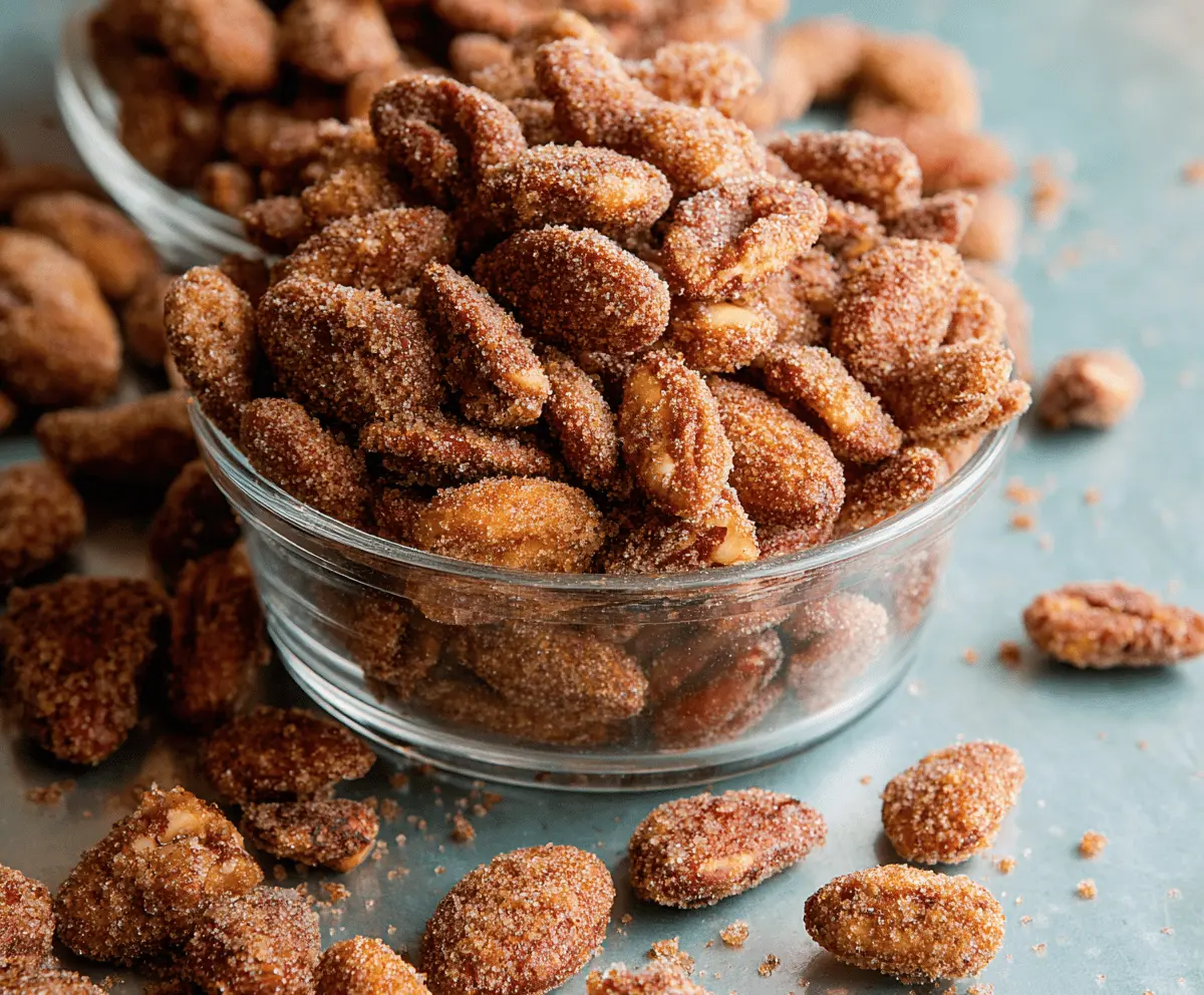Delicious cinnamon sugar candied nuts on a rustic wooden table, perfect for snacking or gifting.