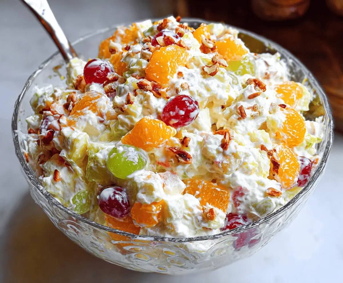 Delicious Classic Ambrosia Salad with whipped cream, marshmallows, and fresh fruit in a glass bowl