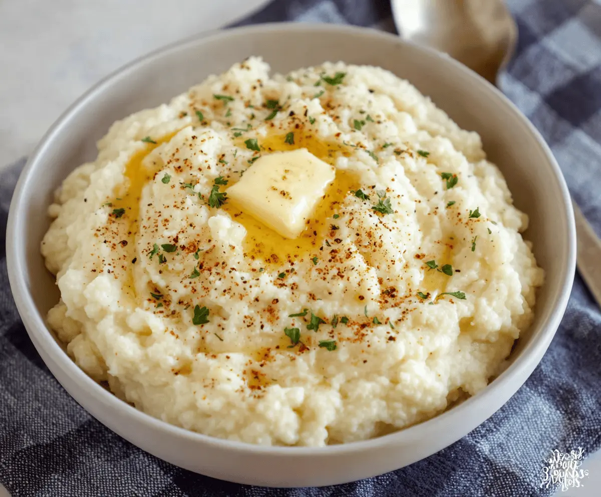 Creamy mashed cauliflower in a bowl, garnished with herbs, served as a healthy side dish.