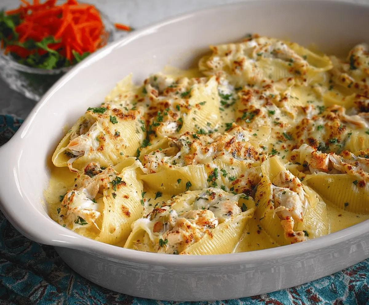 Creamy seafood stuffed shells with shrimp and crab in a rich sauce, topped with herbs.