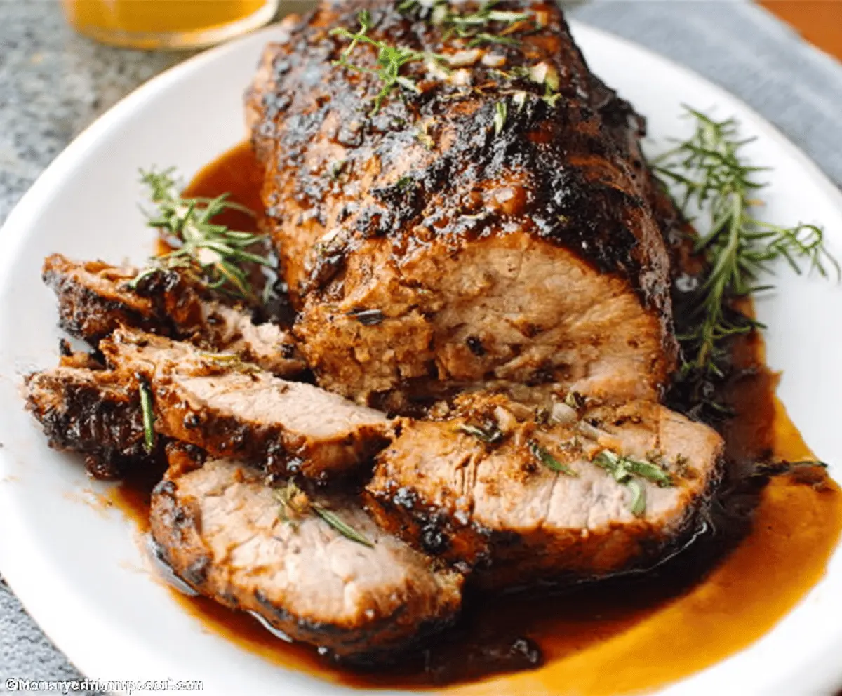 Juicy garlic balsamic pork loin cooking in a slow cooker for a delicious Crock Pot recipe.