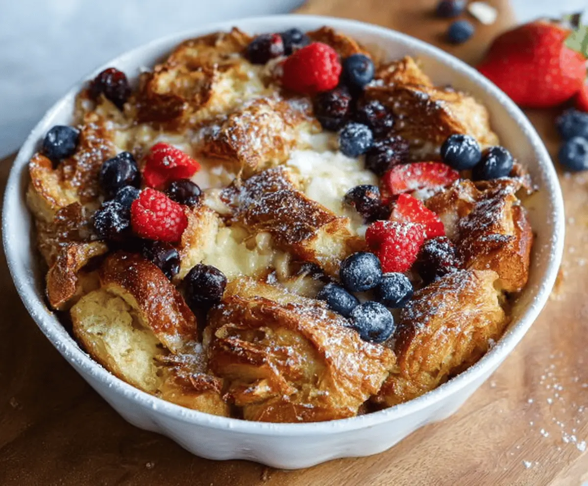 Delicious Croissant French Toast Bake topped with fresh berries and powdered sugar.