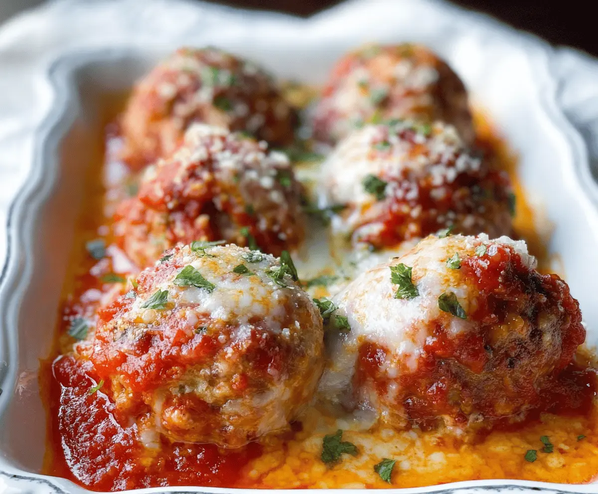 Delicious baked chicken Parmesan meatballs served with marinara sauce on a plate.