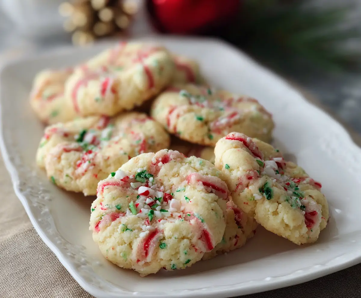 Delicious Easy Candy Cane Whipped Shortbread Cookies on a festive plate.
