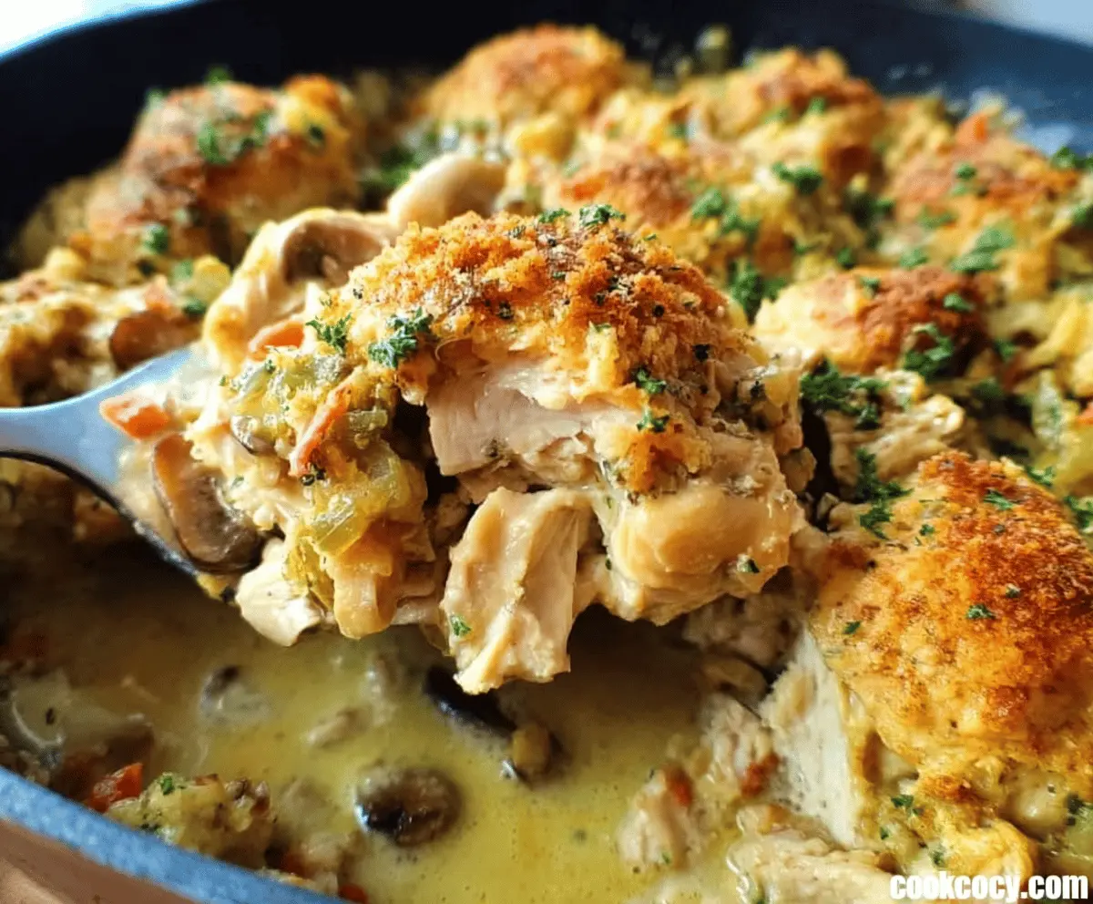 Delicious and easy chicken stove top casserole served in a white dish with fresh herbs.