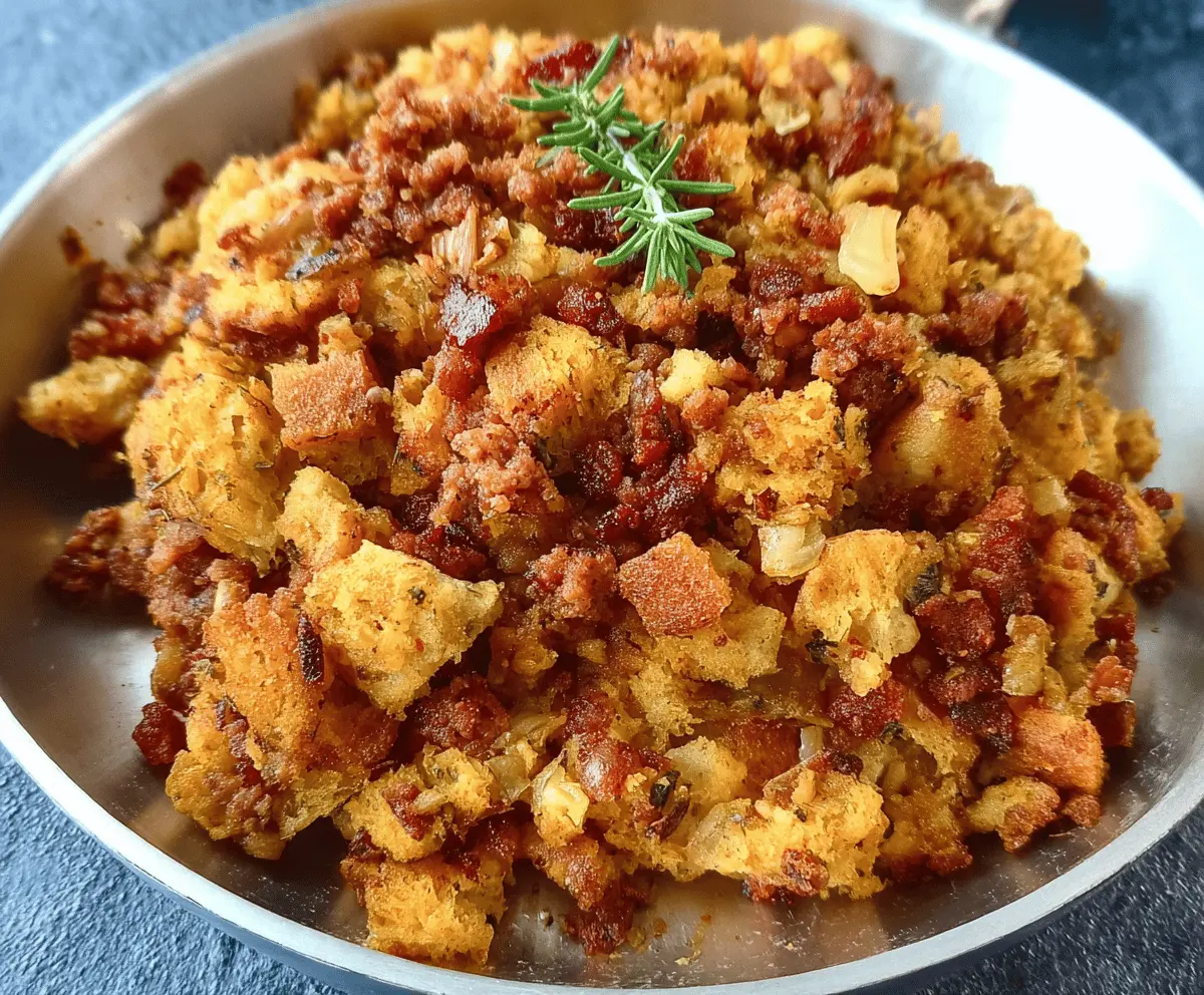 Delicious easy chorizo stuffing served in a white bowl, perfect for holiday dinners.